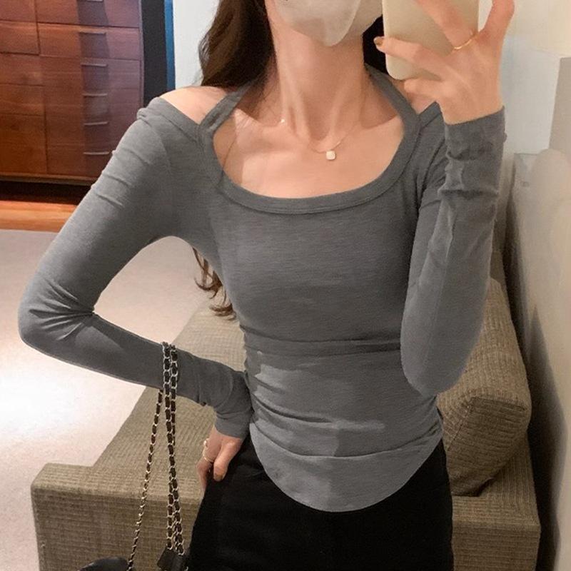 Halter Neck Pleated Long-sleeved T-shirt for Women In Autumn New Design Niche Backless Collarbone Short Top