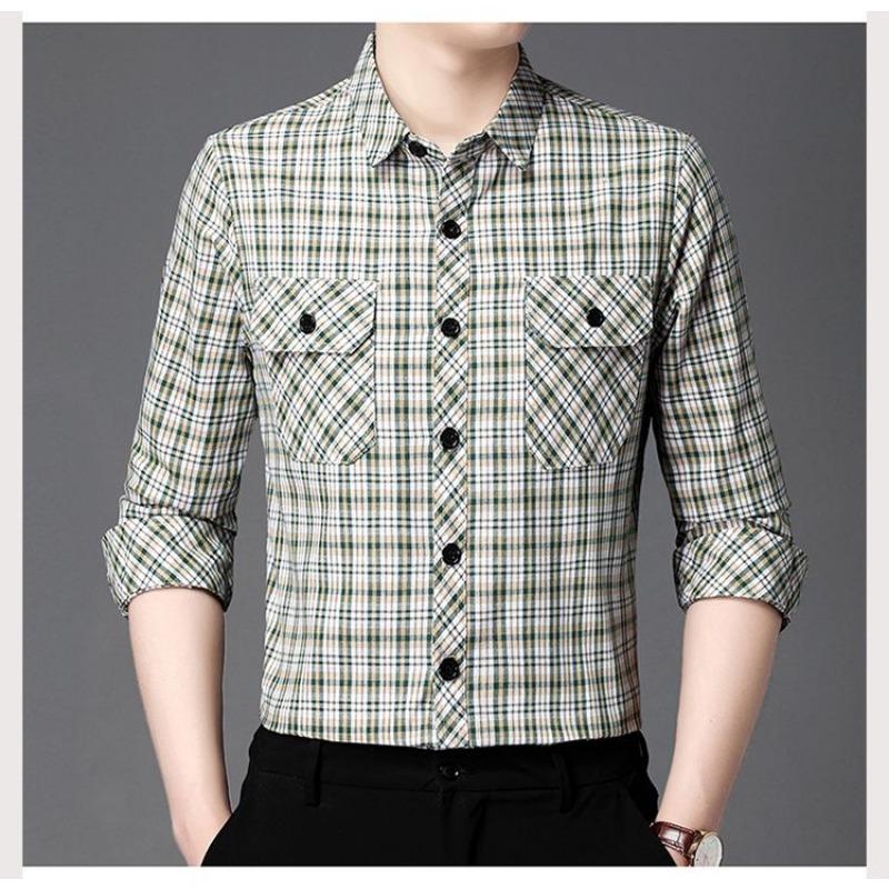 

Men s Plaid Cotton-Linen Long Sleeve Shirt Casual Button-Down Top with Pockets 2. 4XL зелений