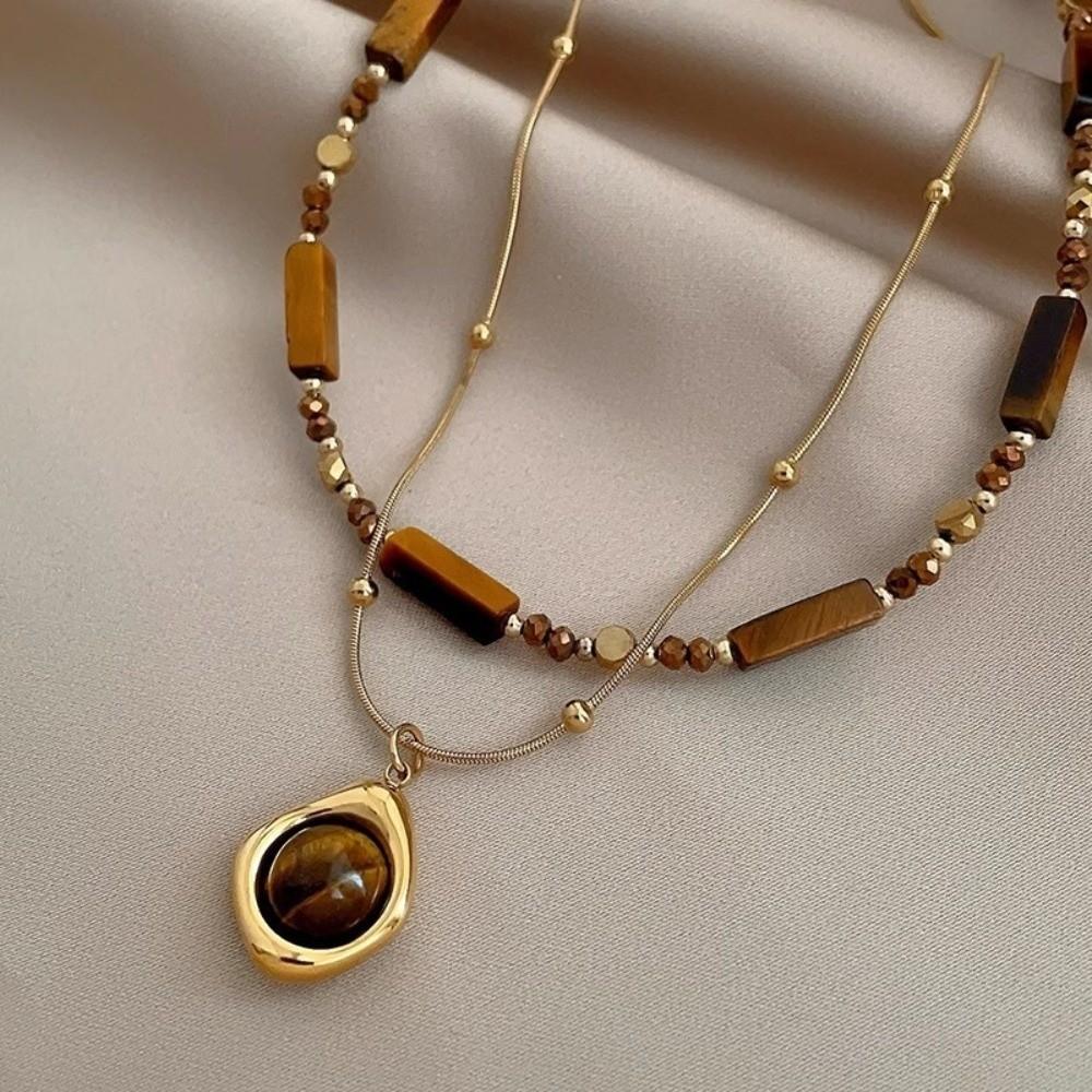 Stacking Sweater Chain Alloy Clavicle Chain Retro Tiger Eye Stone Pendant Necklace