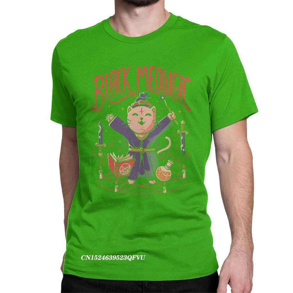 Black Meowgic Cute Evil Cat Tshirt Men Women's Cotton Vintage Tee Shirt Crew Neck Japan Retro Monster Kaiju Tees Plus Size Tops