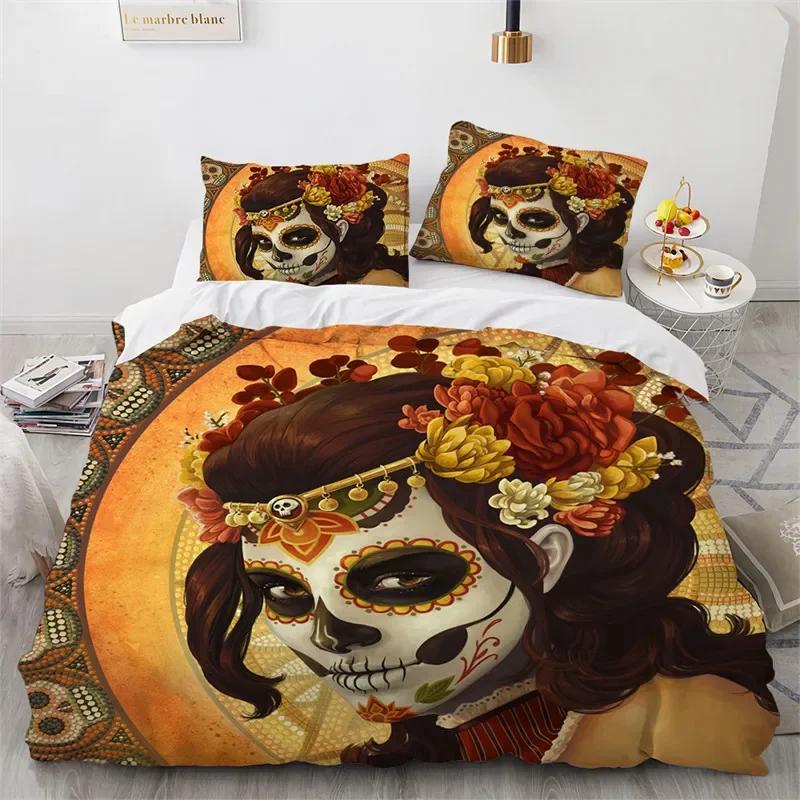 Totenkopf Bettbezug Rote Rose Skelett Queen Floral Skelett Traditionell Mexikanisches Halloween Doppel Queen King Polyester Qulit Cover