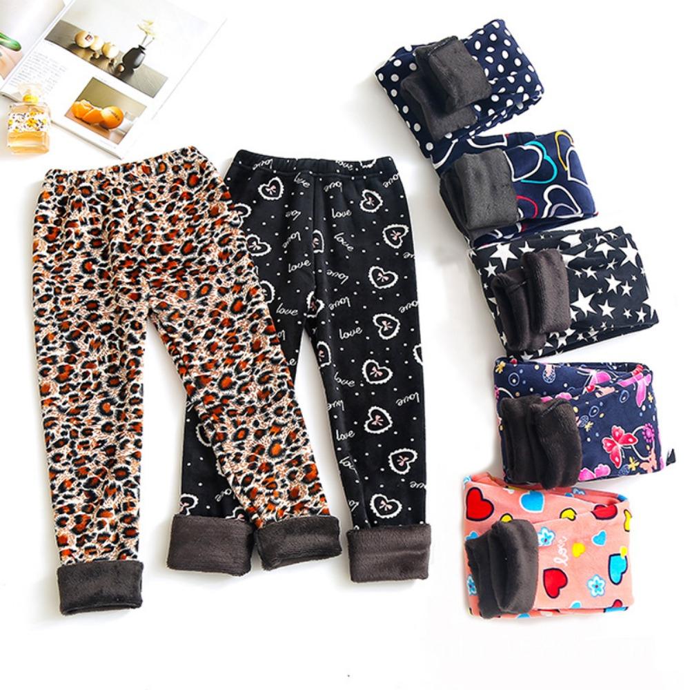 Girls' Fleece-Lined Leggings: Autumn/Winter Children's Printed Slim-Fit Thermal Pants - Outerwear Long Pants