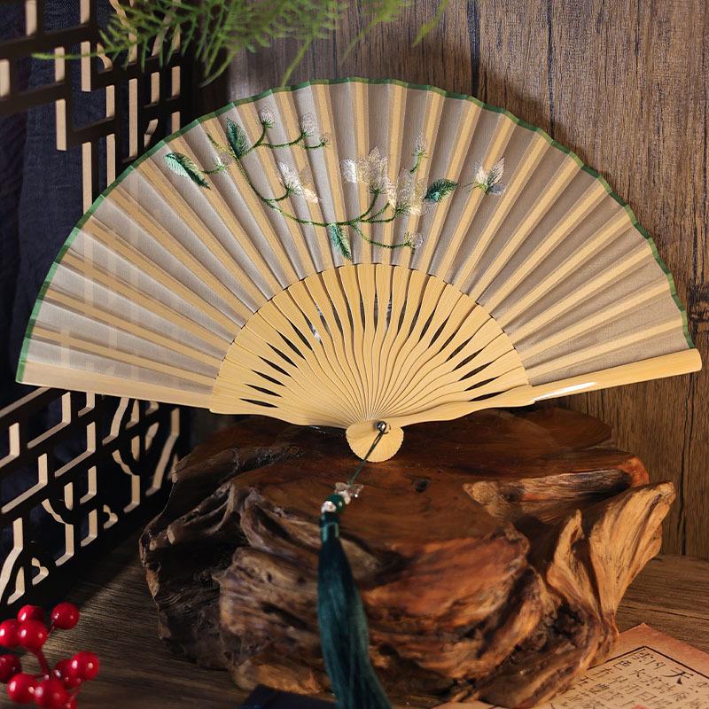 Chinese Style Embroidery Fan Hanfu Cheongsam Show Folding Fan Dance Performance Fan Kungfu Qipao Matching Beautiful Women Fan