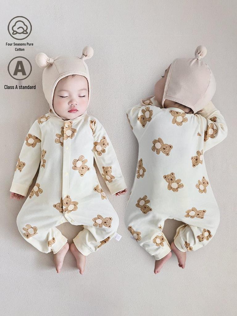 Pure Cotton Baby Romper: Open Front, Class A, for 0-12 Months, Spring/Autumn, Newborn Outerwear, Crawling Suit, Single-Layer Base.