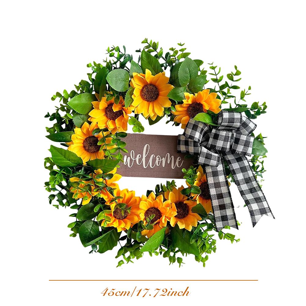 17 Inch Sunflower and Green Leaves Wreath for Front Door Fake Flower Wreath for Indoor Outdoor Home Wedding Window Wall Decor