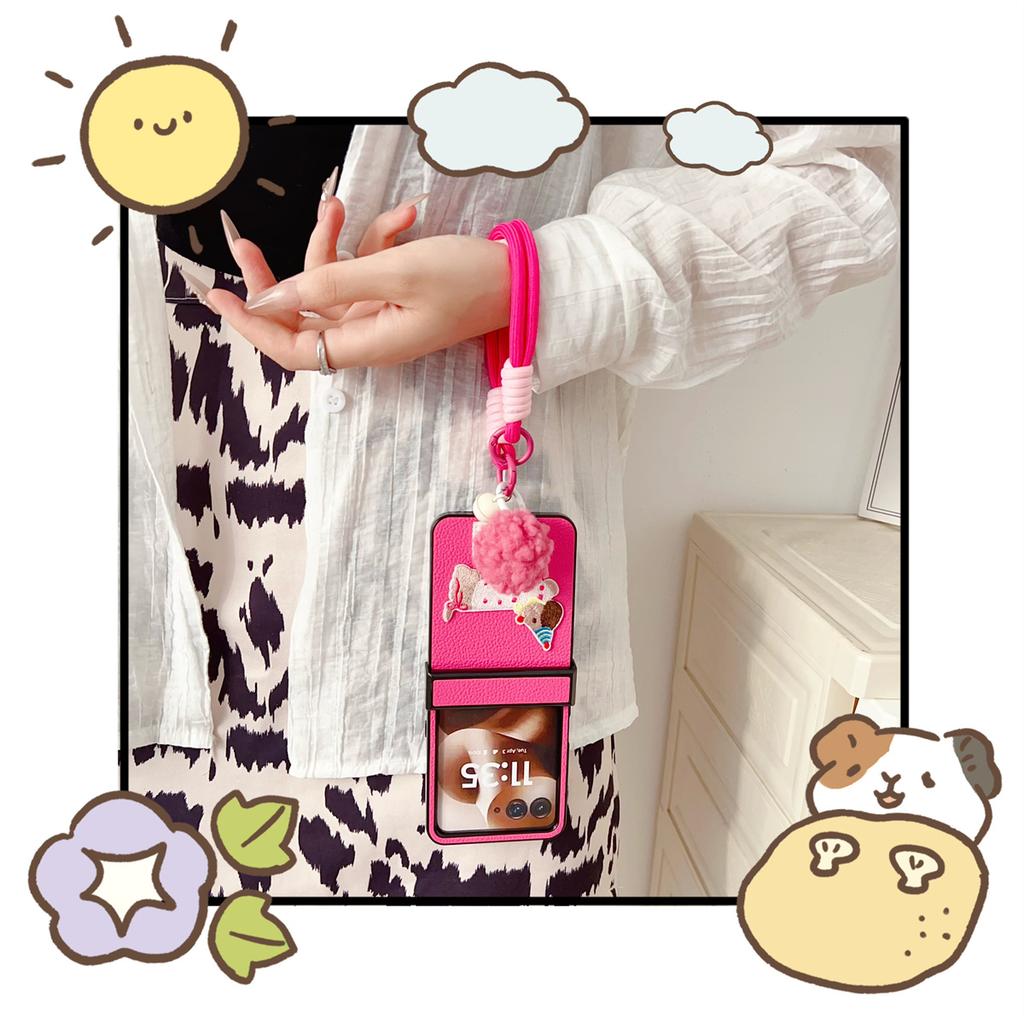 Cartoon Sausage Dog PU Leather Phone Case for Motorola Razr 70+ 60 50 Razr 70 60 50 Ultra Wrist Strap Hinge Protection Cover