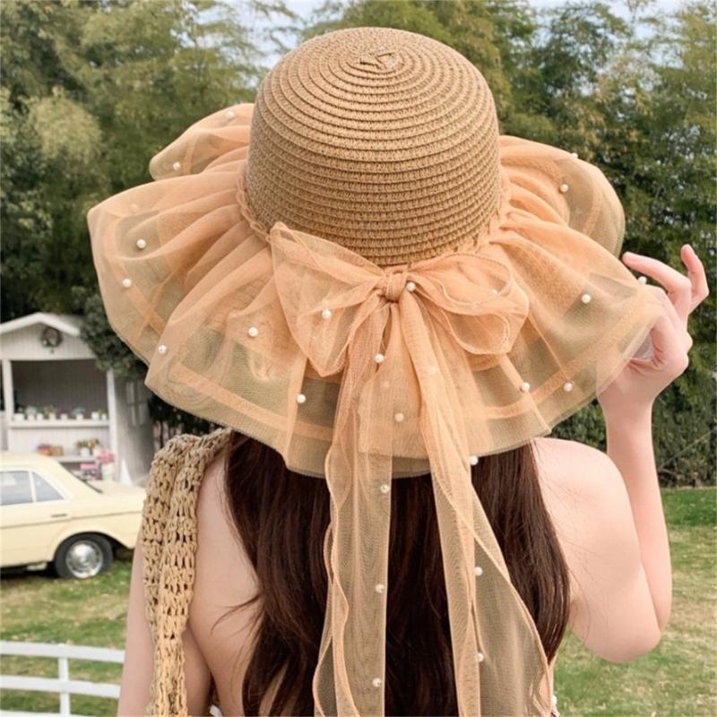 Elegant Sun Hat For Women Paper Straw Breathable And Foldable Lace Bowknot Wide Brims Panama Hat for Camping Travel