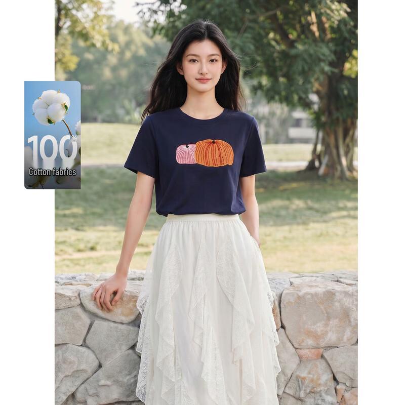 Women s Embroidered Pure Cotton Round Neck T-shirt S тёмно-синий