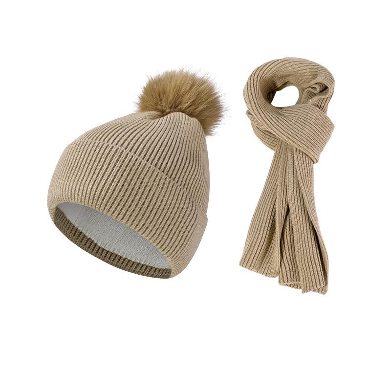 Autumn Winter Knitted Hat Scarf Two-Piece Set Women's Velvet Wool Hat Warm Pullover Hat Long Scarf Set
