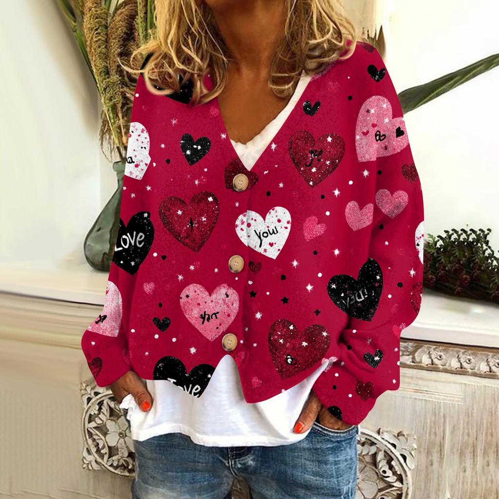 Women's Fashion Short Jacket Casual Long Sleeve Valentine's Day Printed Single Breasted Plush Top
