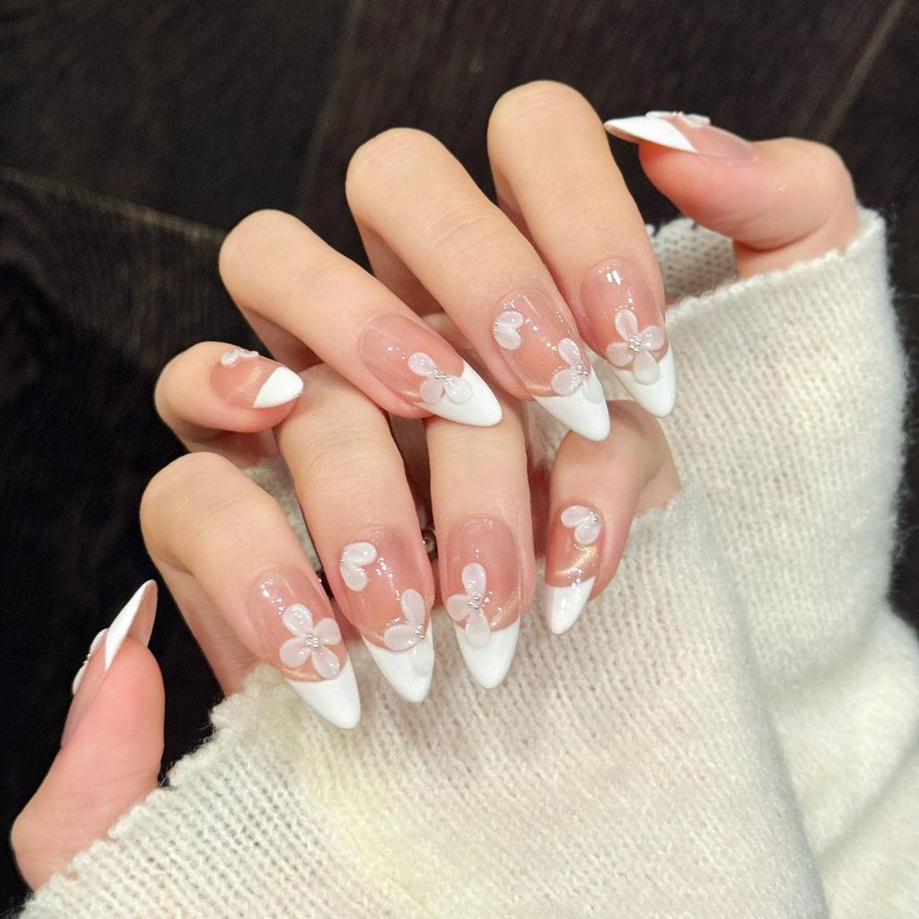 10pcs Korean Style Almond Handmade False Nails Pure White 3D Carving Flower Press On Nails Gentle French Tips Wearable Fake Nail