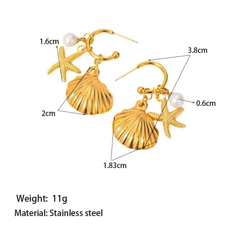 Stainless Steel Summer Beach Vintage Starfish Shell Earrings for Women Pearl 18K Gold Plated Statement Waterproof Zircon
