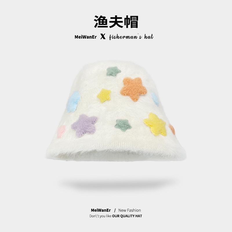 Плюшевая рыбацкая шапка из кроличьего меха Детская Сезонная Универсальная Милая Звезда Шляпа-Ведро Теплая Шляпа-Ведро 54-58cm