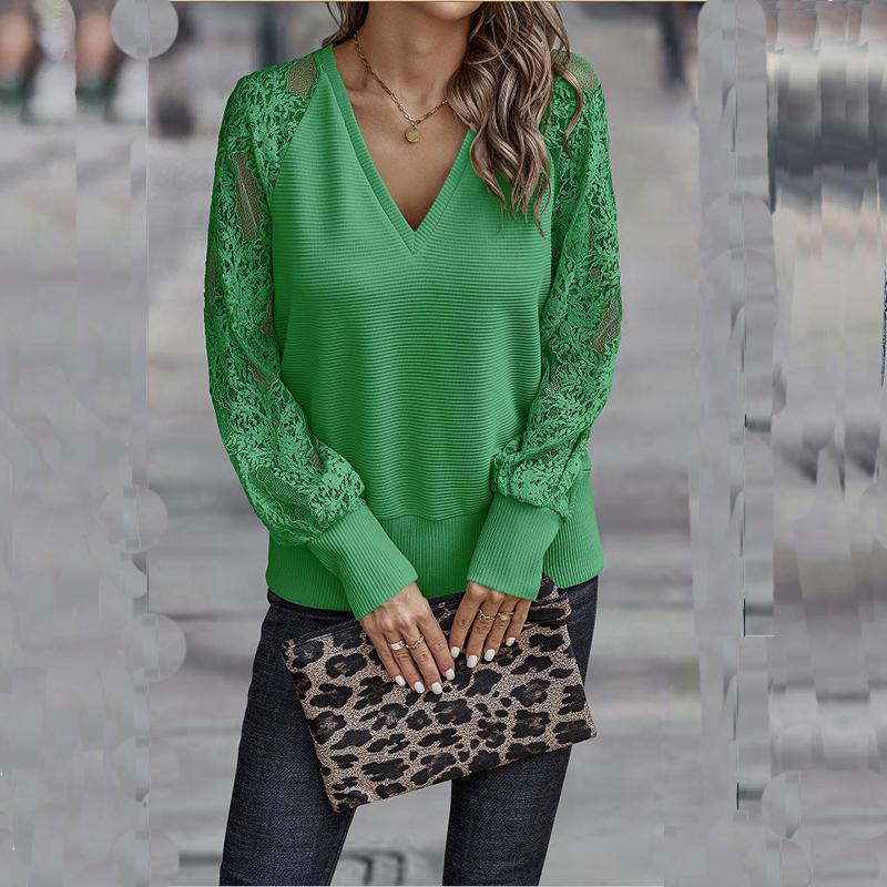 Frühling und Herbst Damen Tops Gestricktes Hemd V-Ausschnitt Spitze Lose Lässige Langarm-Tops