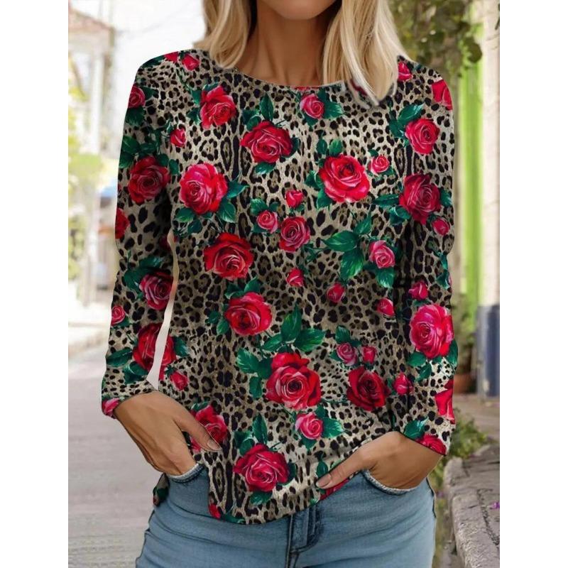 Spring And Autumn Long Sleeve Lip Print Leopard Printed T-Shirts Women Basic Casual Tops Female Loose Round Neck Tees Clothing