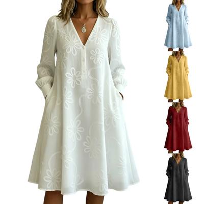 Women Casual Loose Fit Vintage Embroidered Floral V Neck Long Sleeve Dress Comfortable Everyday Wear