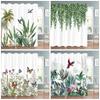 Duschvorhang mit tropischem Grün, Blumenmuster, Kolibri, Schmetterling und Blättern aus Polyestergewebe, waschbar, Badezimmerdekoration