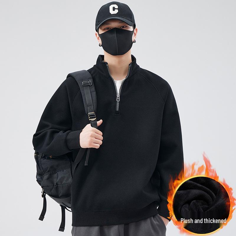 Men's Trendy Thick Half-Zip Hoodie with Stand Collar, Plus Velvet Base Layer for Spring, Autumn, and Winter 2025