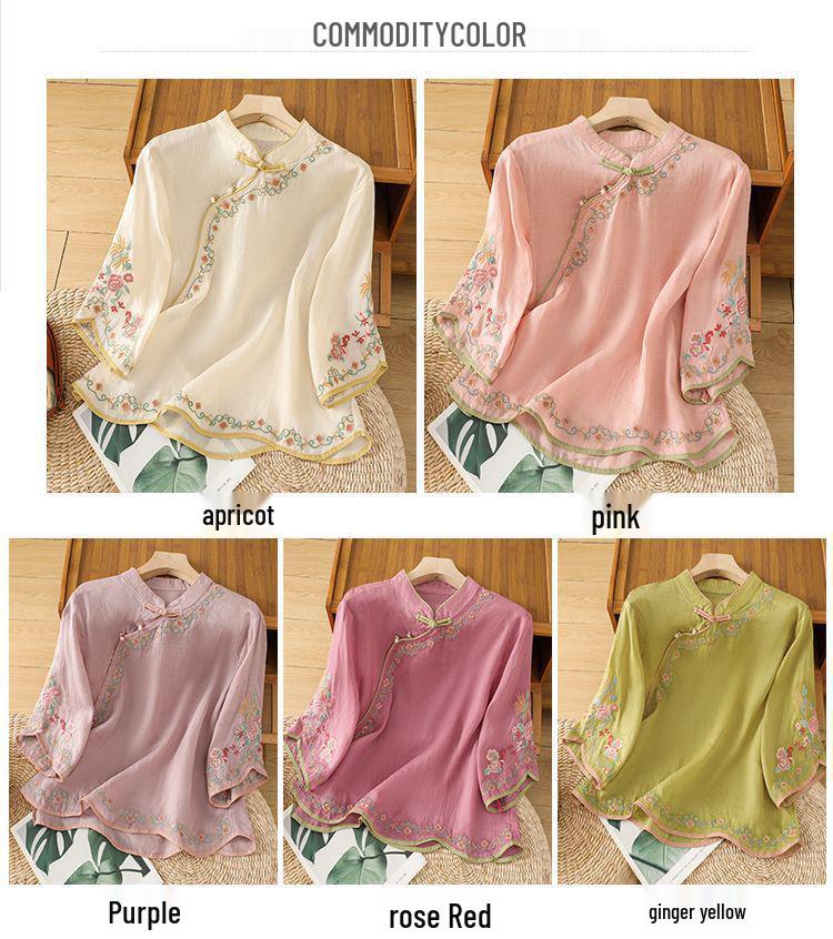 Vintage Chinese Embroidery Cotton-Linen Short-Sleeve Women's Top with Frog Buttons, Artistic Summer Oblique Lapel, National Style, Loose Fit.