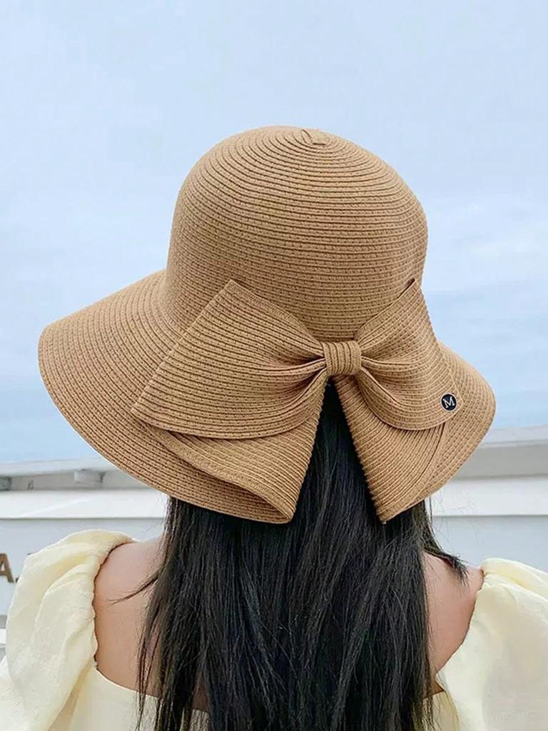 1pc Women Straw Hat With Bowknot & Wide Brim For Spring/Summer Beach Outings, Outdoor New Fashion Sun Protection Hat
