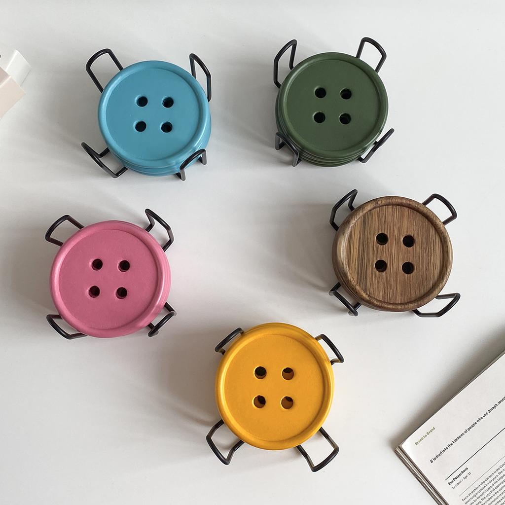 6-Piece Original Colorful Button Coaster Set with Cross-Shaped Iron Rack Coaster Holder Dopamine Round Wooden Coasters Exquisite Coffee Cup Holders