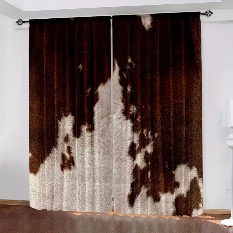 2pc Brown Cow Print Curtains 3D Faux Fur Texture Light Filtering Drapes Farmhouse Rustic Home Decor for Living Room Bedrooms