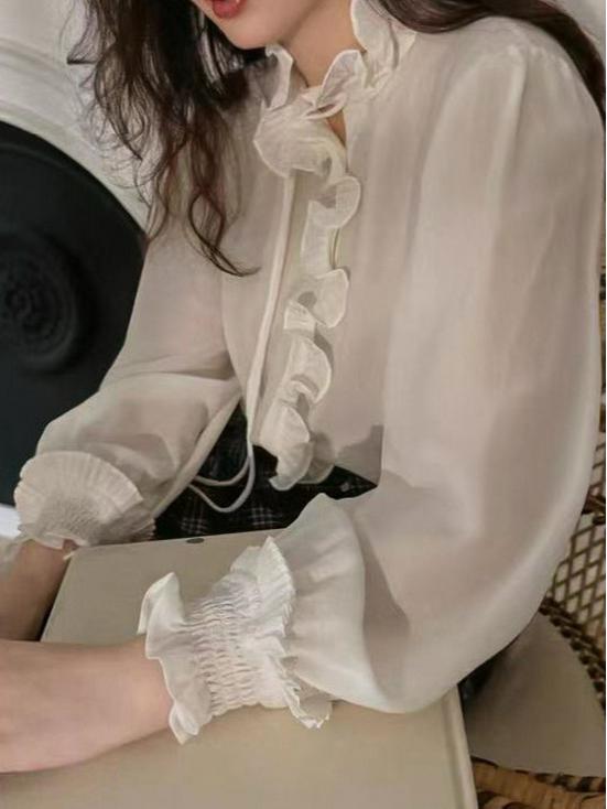 2025 Sweet French Retro Ruffled Long Sleeve Acetate Shirt