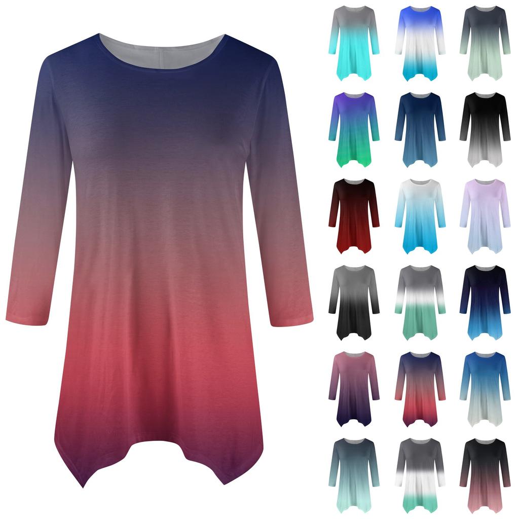 Women's Fashion Casual Crew-neck Gradual Print Seven-point Sleeve Shirt Belted Loose Comfortable Top