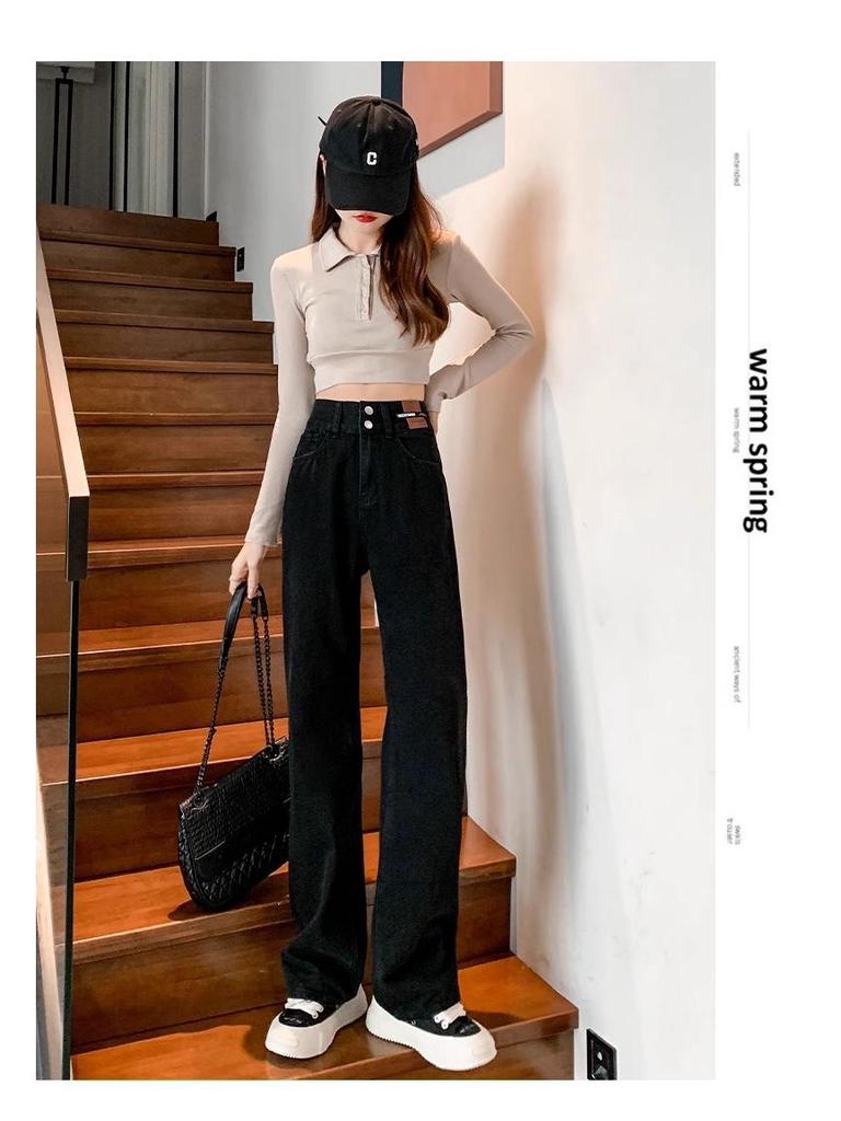Women's Cement Gray High-Waisted Plush Wide-Leg Jeans - Autumn/Winter Slim Straight Trend.