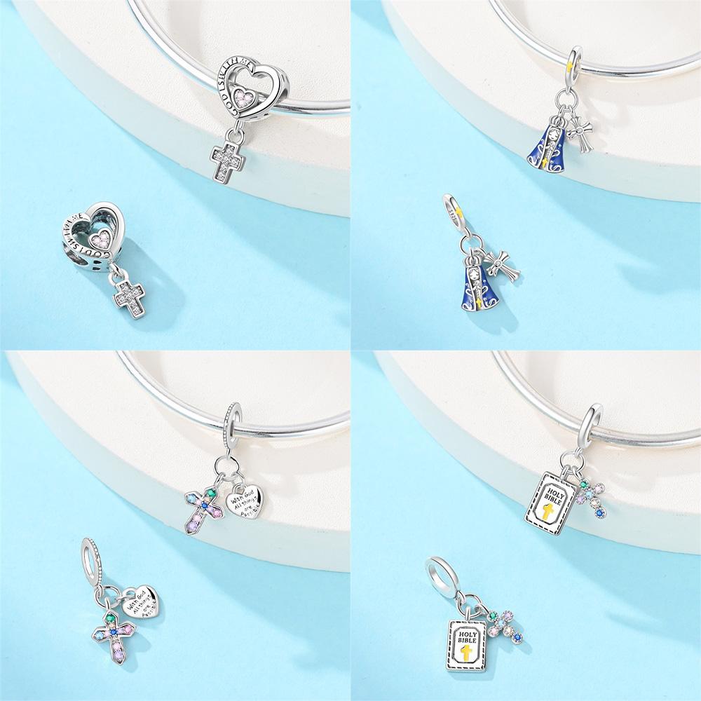 Authentic Original Charm Bead Components Blue Lucky Symbol Cross Heart Pendant Bead Component Copper Metal Bead Component Compatible With Bracelet