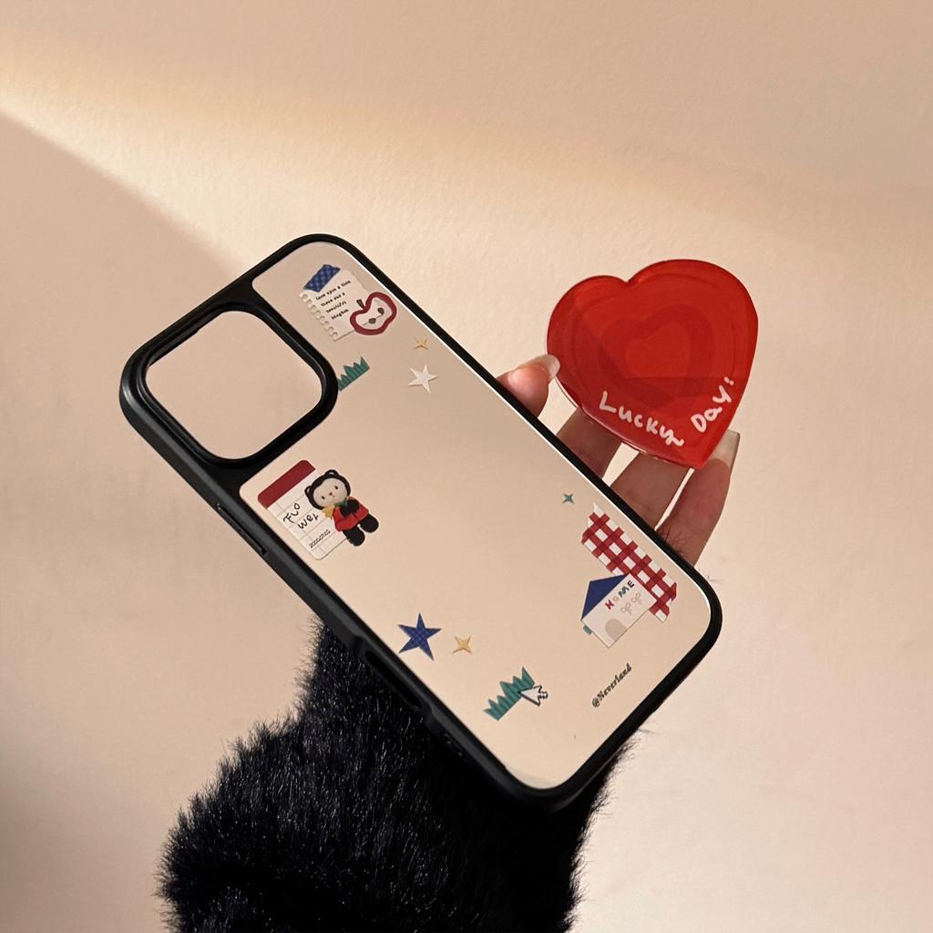 Korean-style Cartoon Case Suitable for iPhone 16, 17 Pro Max, iPhone 14, Mirror Finish, 13, Heart-shaped Stand, 15