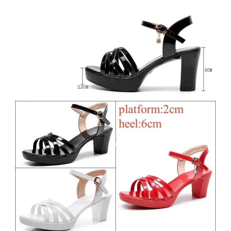 Small Size 33-43 Elegant Patent Leather Shoes Women's Platform Sandals Summer 2025 Block High Heels Sandals Office Model Mom