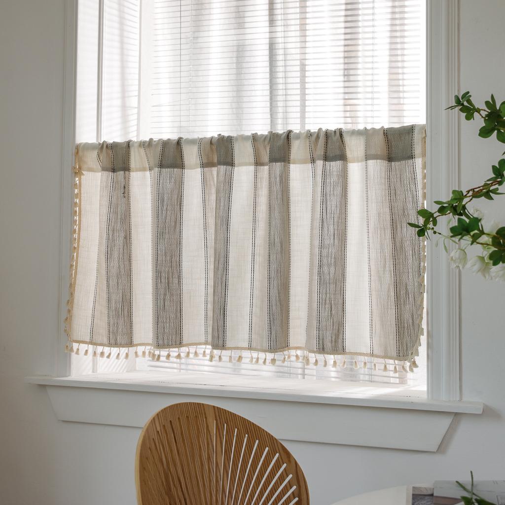 Short Curtain Gray Striped Cotton And Linen Half Curtain Half Curtain Window Curtain Coffee Curtain Small Window Curtain