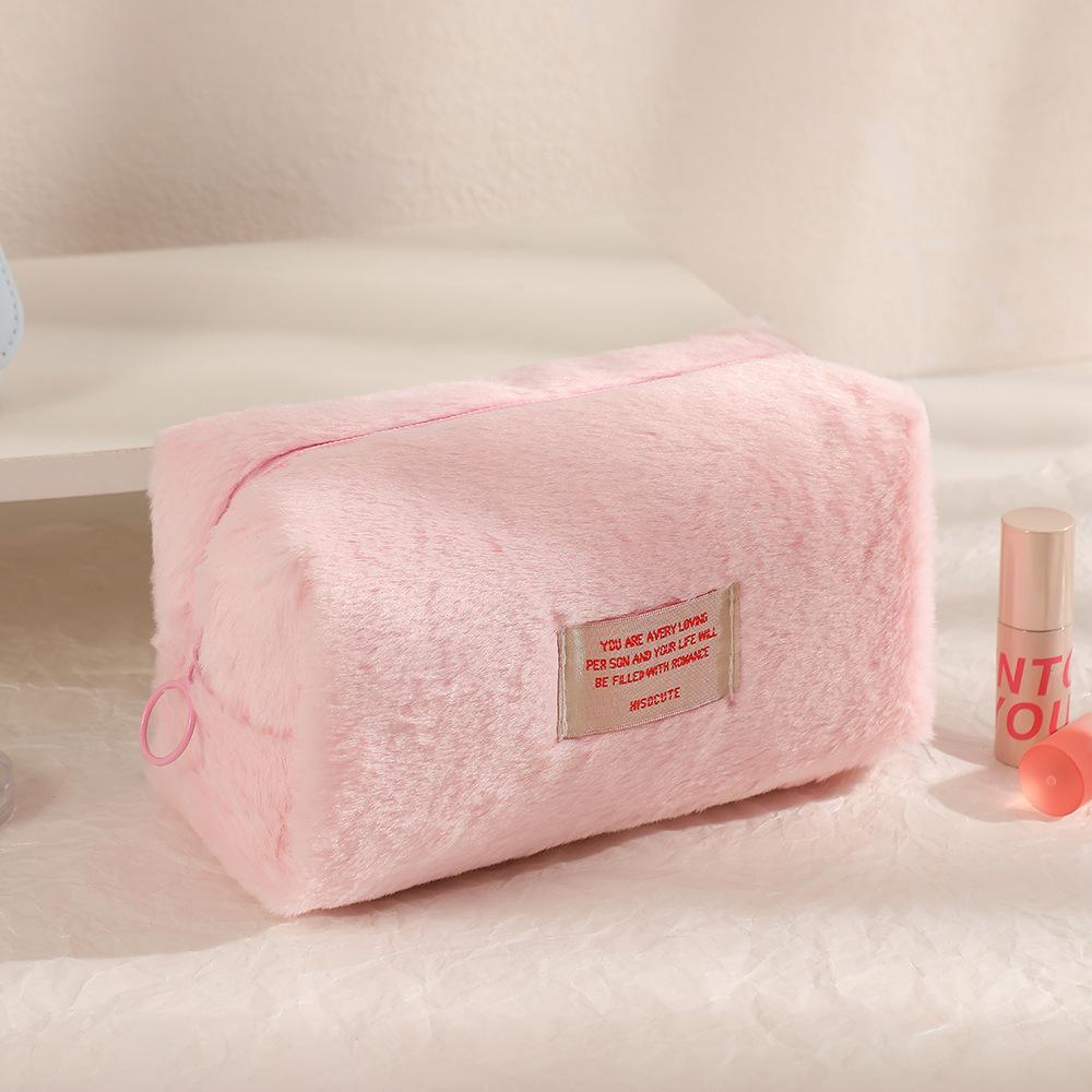 Winter Girls Plush Solid Color Makeup Bag Large Capacity Simple Octagonal Bag Student Pen Bag Stationery Storage Bag