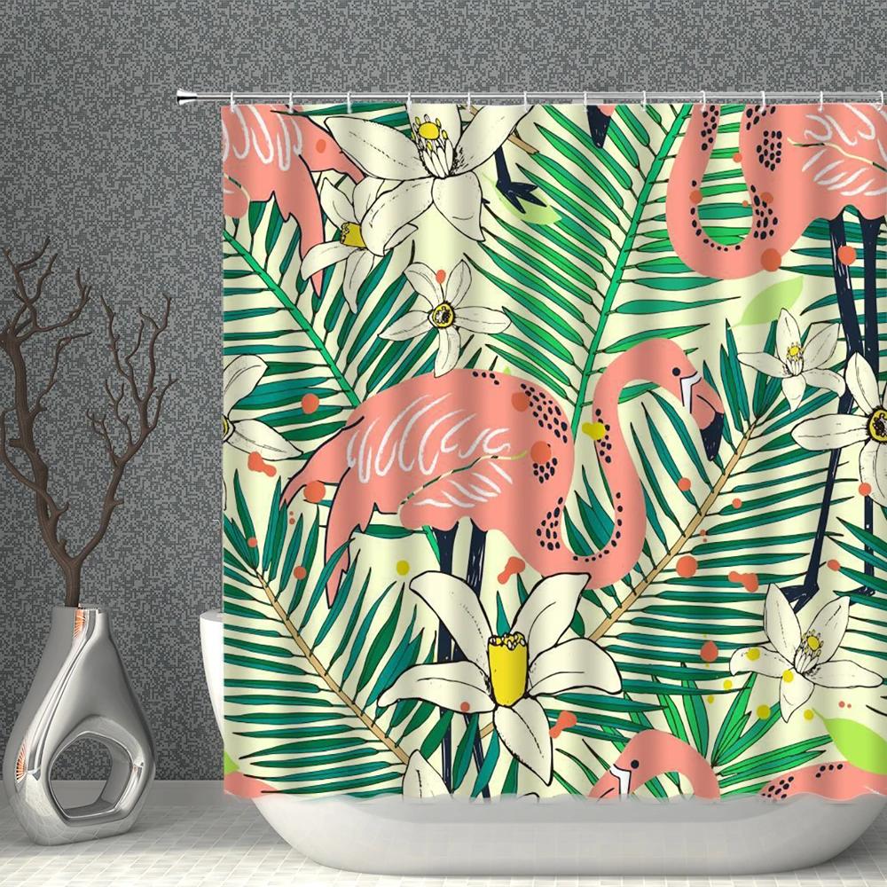 Pink Flamingo Shower Curtain Waterproof Fabric Black Background Tropical Plant Flamingos Print Bathroom Curtains Set Bath Screen