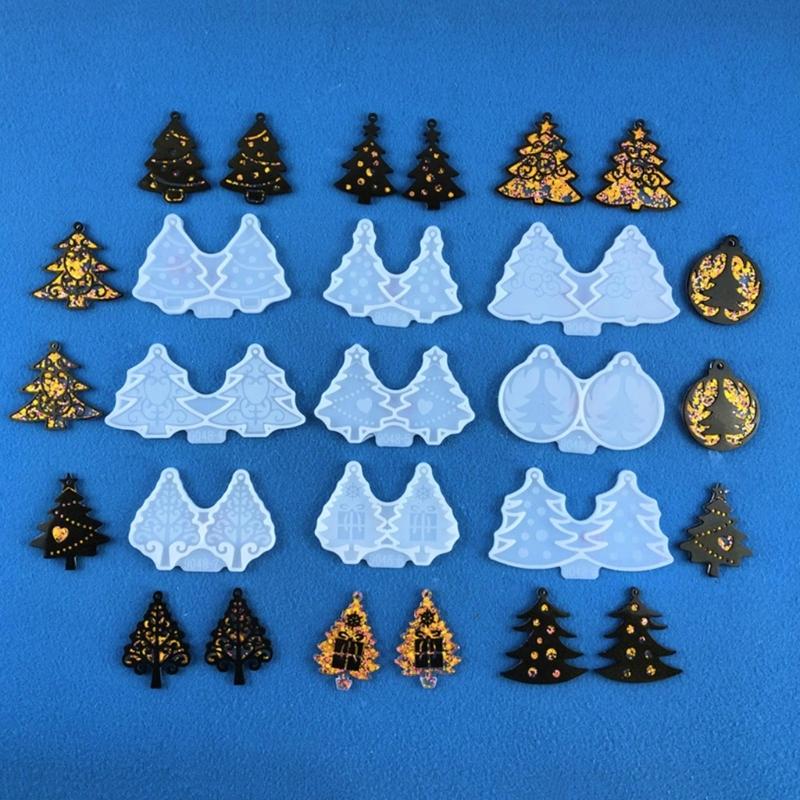 9 Pcs Diy Christmas Tree Assembled Earrings Mold Crystal Epoxy Diy Decorative Pendants Jewelry Resin Mold for Crafts