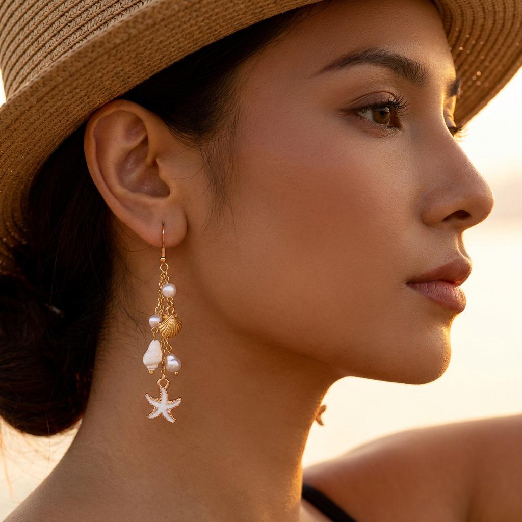 Exquisite Boucles d'Oreilles à Pompons Coquillage & Étoile de Mer pour Femmes – Polyvalentes, Style Bord de Mer de Niche