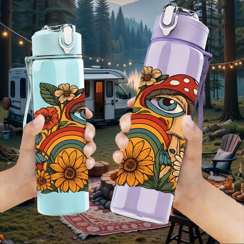 1PC Sunflower Surprised Eye Art 750ml Color Plastic Sports Water Bottle Leakproof Flip Straw Lid For Sports Office Home Use