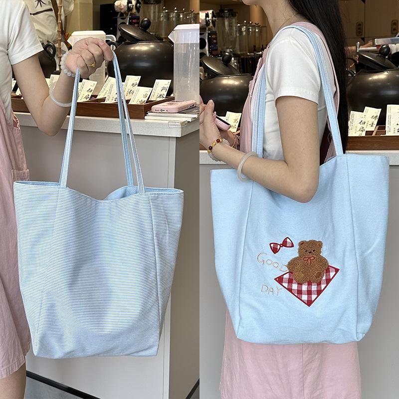 

Cute Bear Casual Women Canvas Shoulder Bags Fashi Large Capacity Ladies Tote Bag Striped Versatile Girls Double-sided Handbags синий