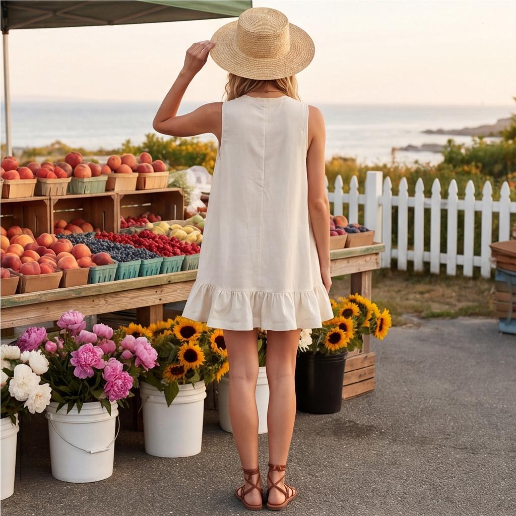 Women’s Sleeveless Ruffle Hem Dress Stand Collar Button Front Solid Tunic Dress with Relaxed Fit for Casual Daily Wear
