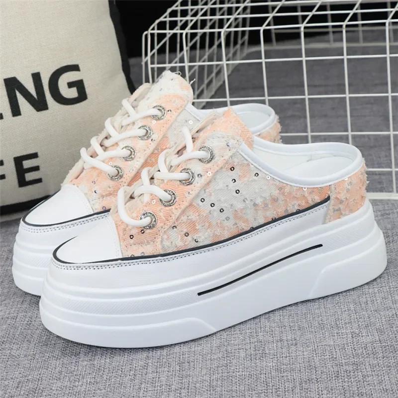 Mote Canvas Baotou Halvtøfler Dame Nye Sommer Yttertøy Alt-match Tykk Såle Innvendig Høydeøkning 8cm Uten Hæl Slip-on Sko