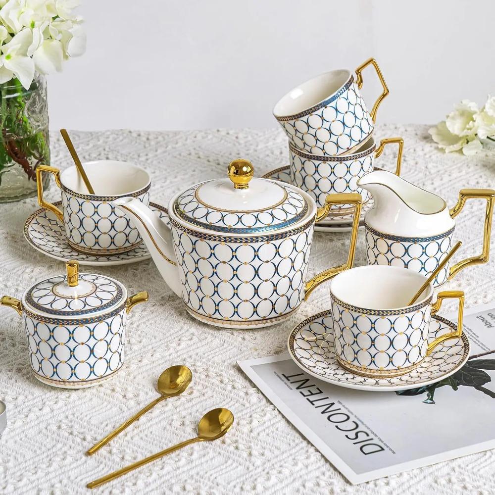Cup Sets,15-Piece Porcelain Tea Cup and Saucer Set Service for 4Teapot,Sugar Bowl,Creamer Pitcher and Spoons, Tea Gifts Sets