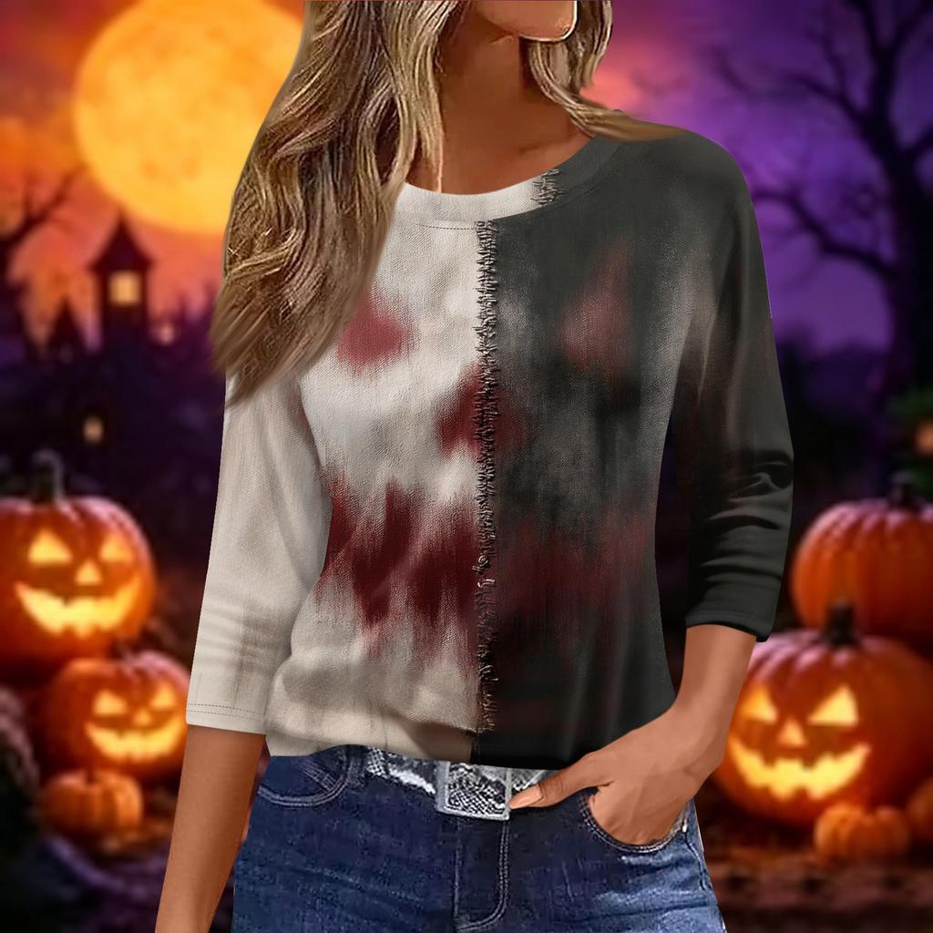 Women's Halloween Print Casual Loose Fit Round Neck Three Quarter Sleeve Shirt Lightweight Comfortable Top for Fall Season