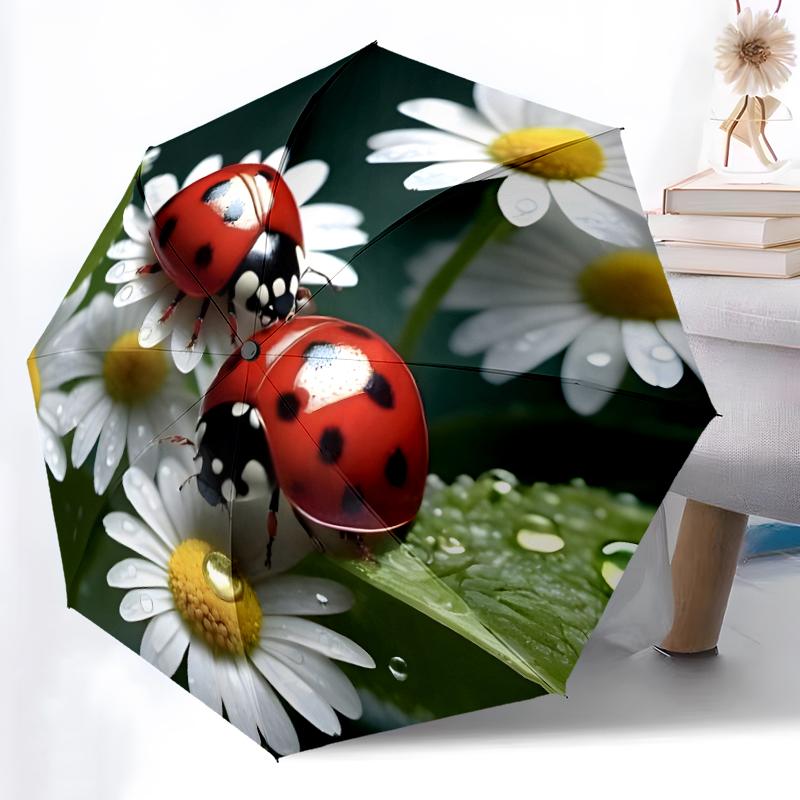 1pc Sturdy 8-Bone Auto Umbrella, Ladybugs and Leaves Umbrella, Digital Printed, Foldable Umbrella for On-the-Go Outdoor Use