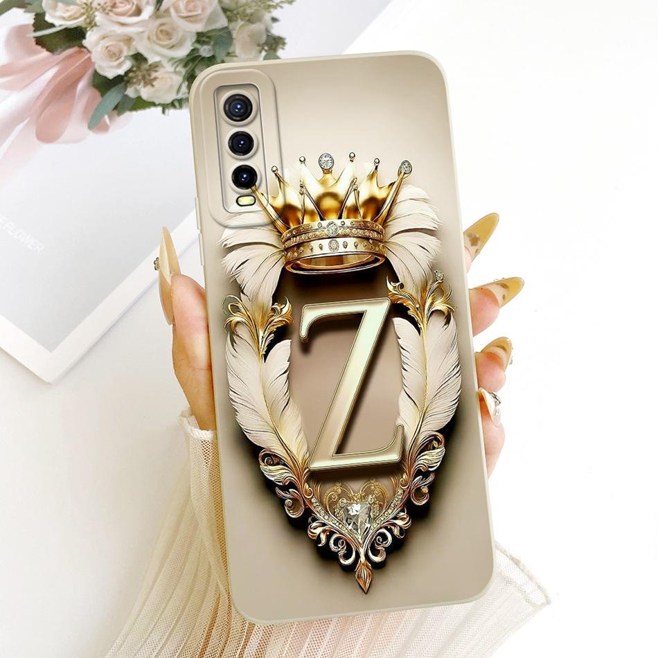 For Vivo Y70s Y70t V2002A Feather Crown Initial Letter Phone Case For Vivo Y70S Y70T 5G Soft Silicone Covers Bumpers
