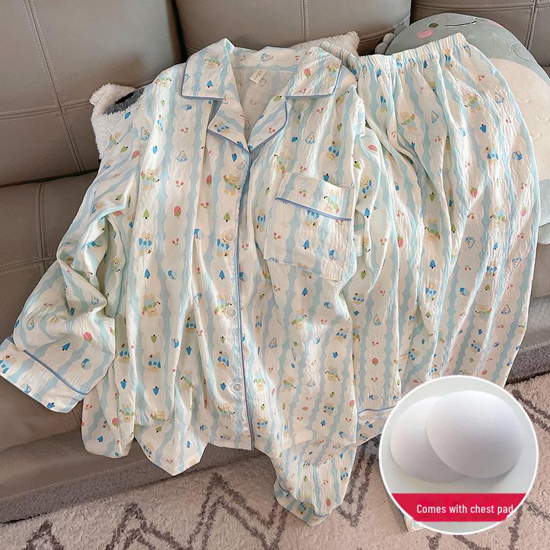 Women's Spring/Autumn Pajama Set: Thin Cloud Cotton with Chest Pads, Long-Sleeved Cardigan, Sweet and Cute Homewear.