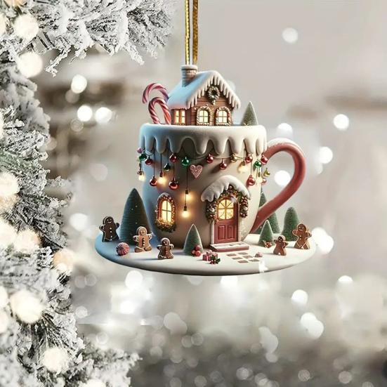 Yousheng Coffee Cup Christmas Tree Ornaments 2D Acrylic Winter Snow House Hot Chocolate Mug Shape Hanging Decoration for Holiday Tree Decor