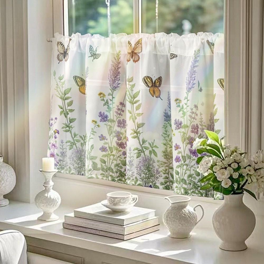 Butterfly Lavender Print Cabinet Window Decor Partition Voile Curtain  for Living Room Bedroom