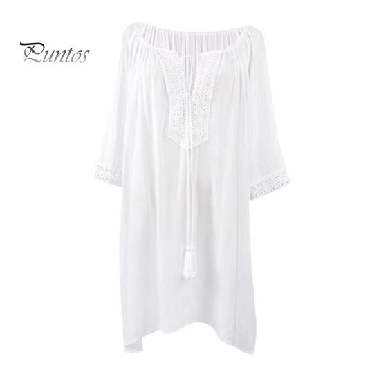 

Блузка для плавания, пляжное бикини, рукав три четверти, свободная длинная кисточка, ажурное платье с низким вырезом, защита от солнца, длина до колен, одежда для курортного отдыха, платье миди. белый