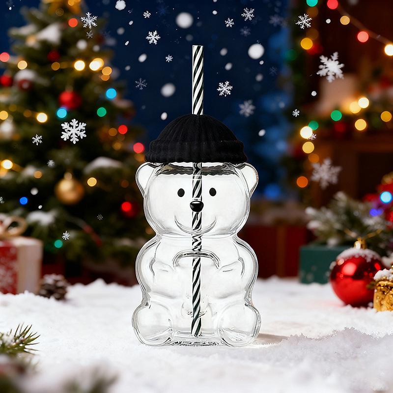 Cartoon-Bär Kaffeetasse Transparente Borosilikat Kälte- und Hitzebeständige Glas Kreative Weihnachts-Strohhalmbecher